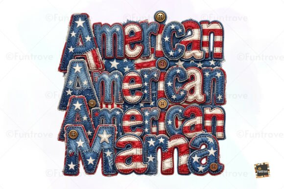 American Mama Faux Denim Embroidery PNG