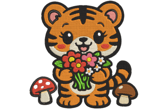 Cute Tiger Floral Embroidery Design