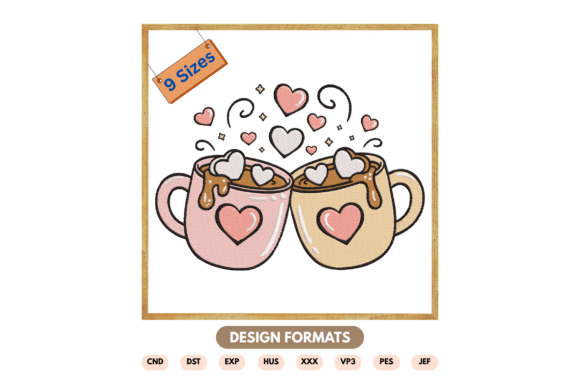 Valentine Coffee Cups Embroidery Design